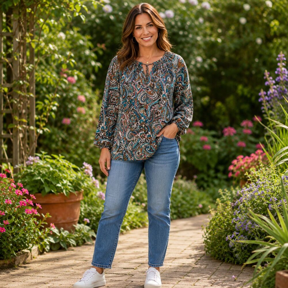 DR2 Paisley Print Peasant Blouse Size Medium Teal Brown Coral Boho Feminine